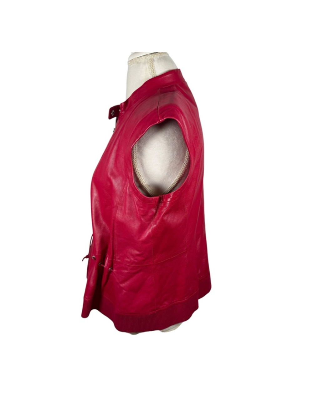 Worth New York Red Leather Moto Vest High Neck Cinch Waist Zip Front Size 12 - Picture 4 of 14